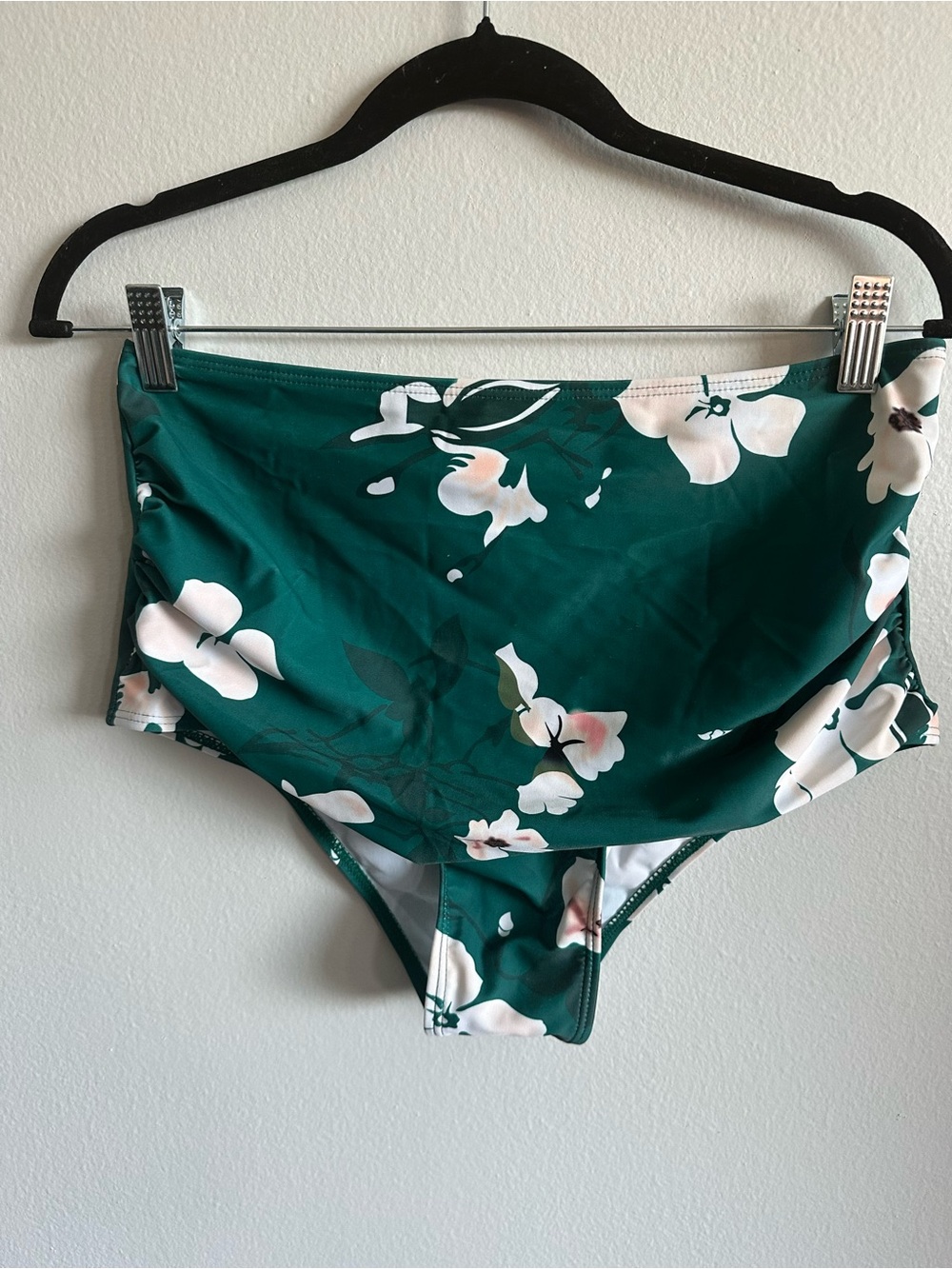 Edel Qual Green High Waist Floral Bikini Bottom Sz Large Ruched Swim Bottom NWT